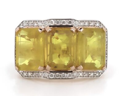 14K Rose/White Gold, Fancy Orange Sapphire and Diamond, Trilogy Ring.