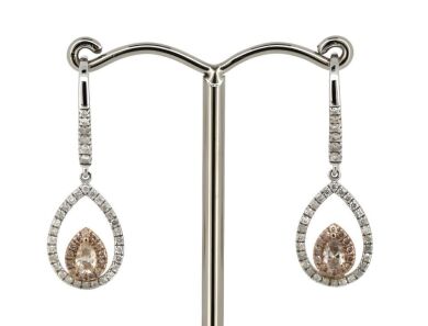 14K White & Rose Gold, Pink Diamond, Halo Drop Earrings.