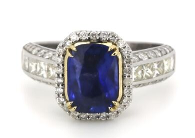 14K White and Yellow Gold Ceylon Sapphire and Diamond Statement Ring.