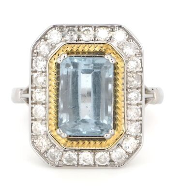 14K White Gold, Aquamarine and Diamond, Antique Inspired Ring.