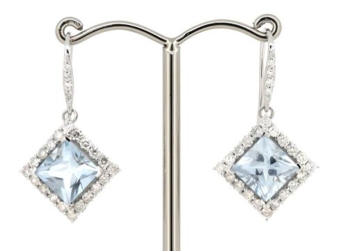 14K White Gold, Aquamarine and Diamond, Halo Drop Earrings.