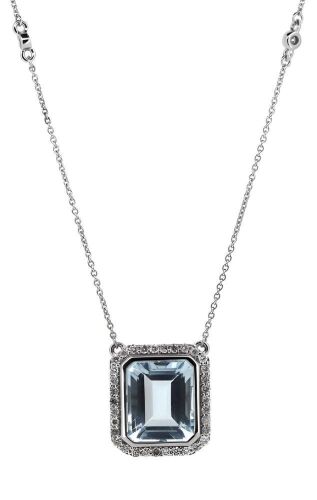 14K White Gold, Aquamarine and Diamond, Halo Pendant Necklace.