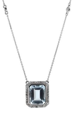 14K White Gold, Aquamarine and Diamond, Halo Pendant Necklace.