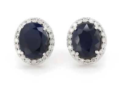 14K White Gold, Blue Sapphire and Diamond, Halo Stud Earrings