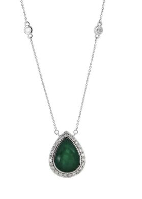14K White Gold, Emerald and Diamond, Halo Pendant Necklace.
