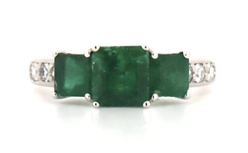 14K White Gold, Emerald and Diamond, Trilogy Style Ring.