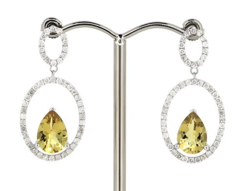 14K White Gold, Heliodor and Diamond, Drop Earrings