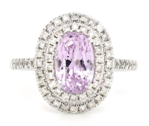 14K White Gold, Kunzite and Diamond, Double Halo Ring.