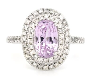 14K White Gold, Kunzite and Diamond, Double Halo Ring.