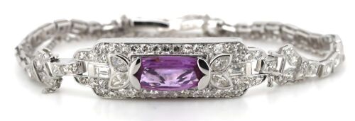 14K White Gold, Pink Sapphire and Diamond, Art Deco Bracelet,