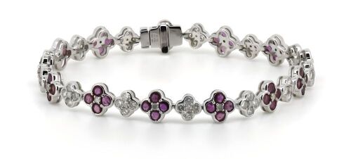 14K White Gold, Ruby and Diamond, Floral Design Bracelet