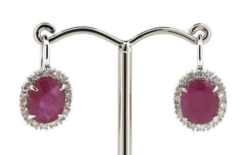 14K White Gold, Ruby and Diamond, Halo Drop Earrings.
