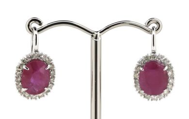 14K White Gold, Ruby and Diamond, Halo Drop Earrings.