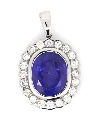 14K White Gold, Tanzanite and Diamond, Halo Pendant