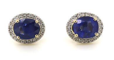 14K Yellow Gold Blue Sapphire and Diamond Halo Studs