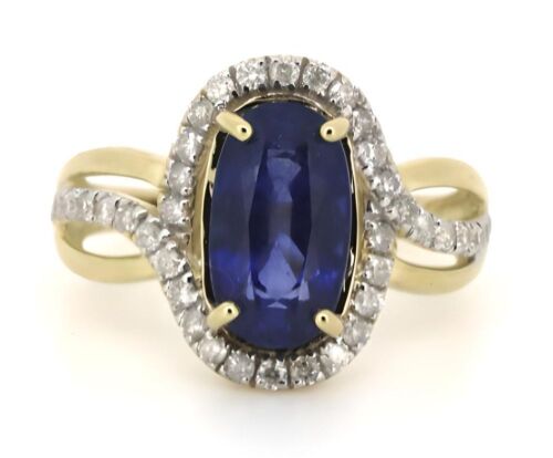 14K Yellow Gold Ceylon Sapphire and Diamond Halo Ring