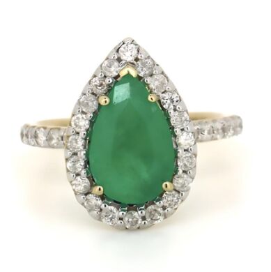 14K Yellow Gold Columbian Emerald and Diamond Halo Ring.