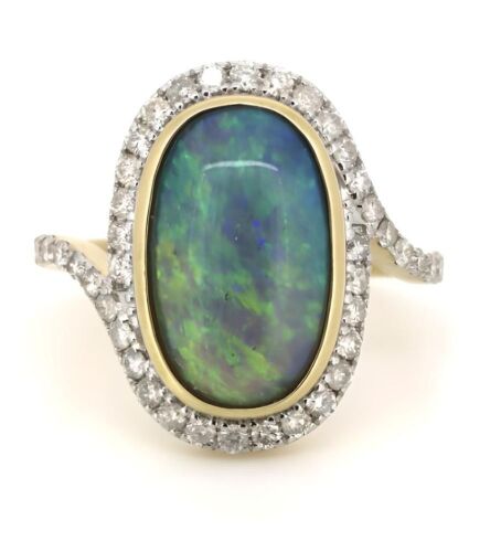14K Yellow Gold Mintabie Opal and Diamond Halo Ring.