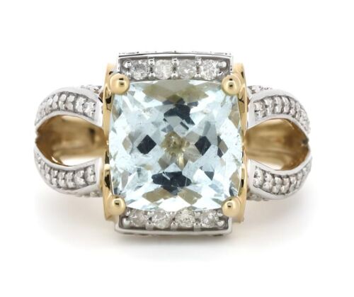 14K Yellow Gold, Aquamarine and Diamond, Cocktail Ring.