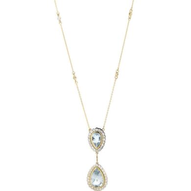 14K Yellow Gold, Aquamarine and Diamond, Drop Halo Pendant Necklace