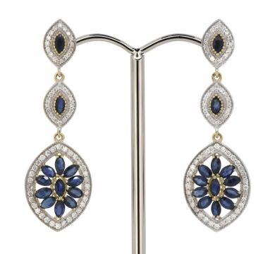 14K Yellow Gold, Blue Sapphire and Diamond, Decorative Drop Earrings