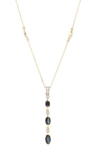 14K Yellow Gold, Blue Sapphire and Diamond, Drop Pendant Necklace.