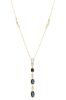 14K Yellow Gold, Blue Sapphire and Diamond, Drop Pendant Necklace.