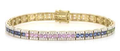 14K Yellow Gold, Multi-Coloured Sapphire and Diamond, Line Bracelet.