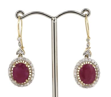 14K Yellow Gold, Ruby and Diamond, Antique Style Halo Drop Earrings.