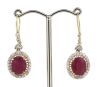 14K Yellow Gold, Ruby and Diamond, Antique Style Halo Drop Earrings.