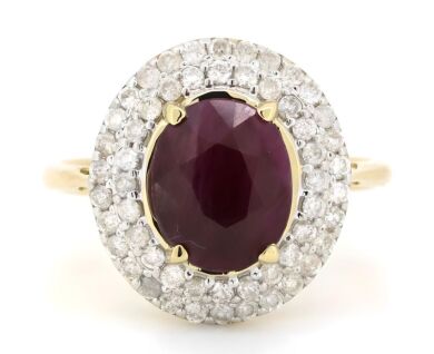 14K Yellow Gold, Ruby and Diamond, Double Halo Ring