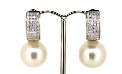 14K Yellow Gold, White Cultured South Sea Pearl and Diamond, Drop Earrings.