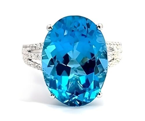 14K White Gold Tiffany Inspired Blue Topaz and Diamond Cocktail Ring