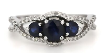 14K White Gold, Blue Sapphire and Diamond, Trilogy Ring