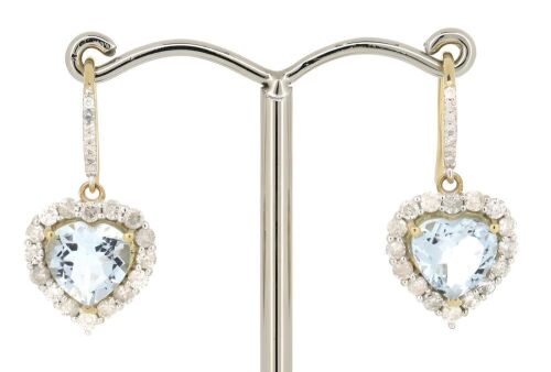 14K Yellow Gold, Aquamarine and Diamond, Heart Shaped Halo Drop Earrings