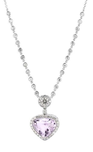 14K White Gold, Kunzite and Diamond, Drop Necklace