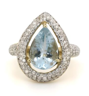 14K Yellow Gold Aquamarine and Diamond Cluster Ring