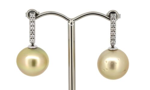 14K White Gold Golden Pearl and Diamond Drop Earrings