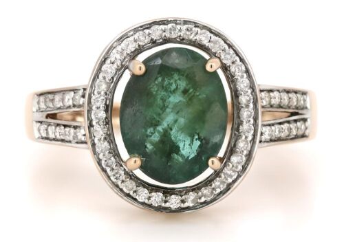 14K Rose Gold, Emerald and Diamond, Antique Style Halo Ring