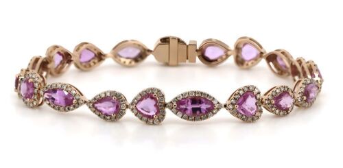 14K Rose Gold, Pink Sapphire and Diamond, Halo Bracelet