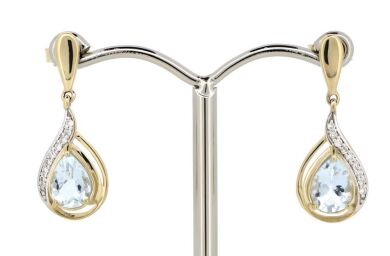 14K Yellow Gold, Aquamarine and Diamond, Vintage Inspired Drop Earrings