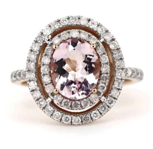 14K Rose Gold, Morganite and Diamond, Double Halo Ring