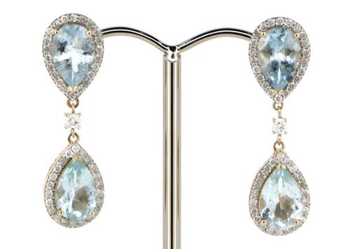 14K Yellow Gold, Aquamarine and Diamond, Drop Earrings