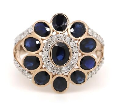 14K Rose Gold, Blue Sapphire and Diamond, Art Deco Inspired Ring