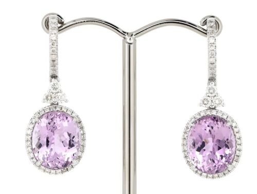 14K White Gold, Kunzite and Diamond, Halo Drop Earrings