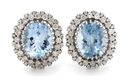 14K White Gold, Aquamarine and Diamond, Halo Stud Earrings