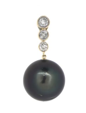 14K Yellow Gold, Black Tahitian Pearl and Diamond, Drop Pendant