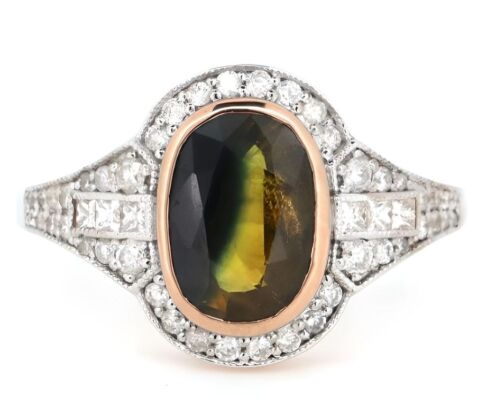 14K White/Rose Gold, Green Sapphire and Diamond, Art Deco Ring