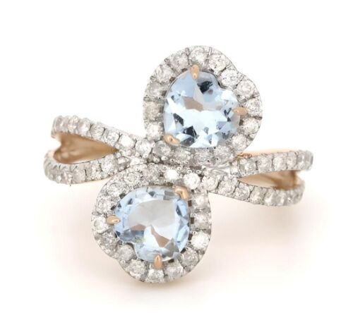 14K Rose Gold, Aquamarine and Diamond, Halo Heart Ring