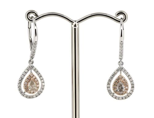 14K White & Rose Gold, Pink Diamond, Halo Drop Earrings